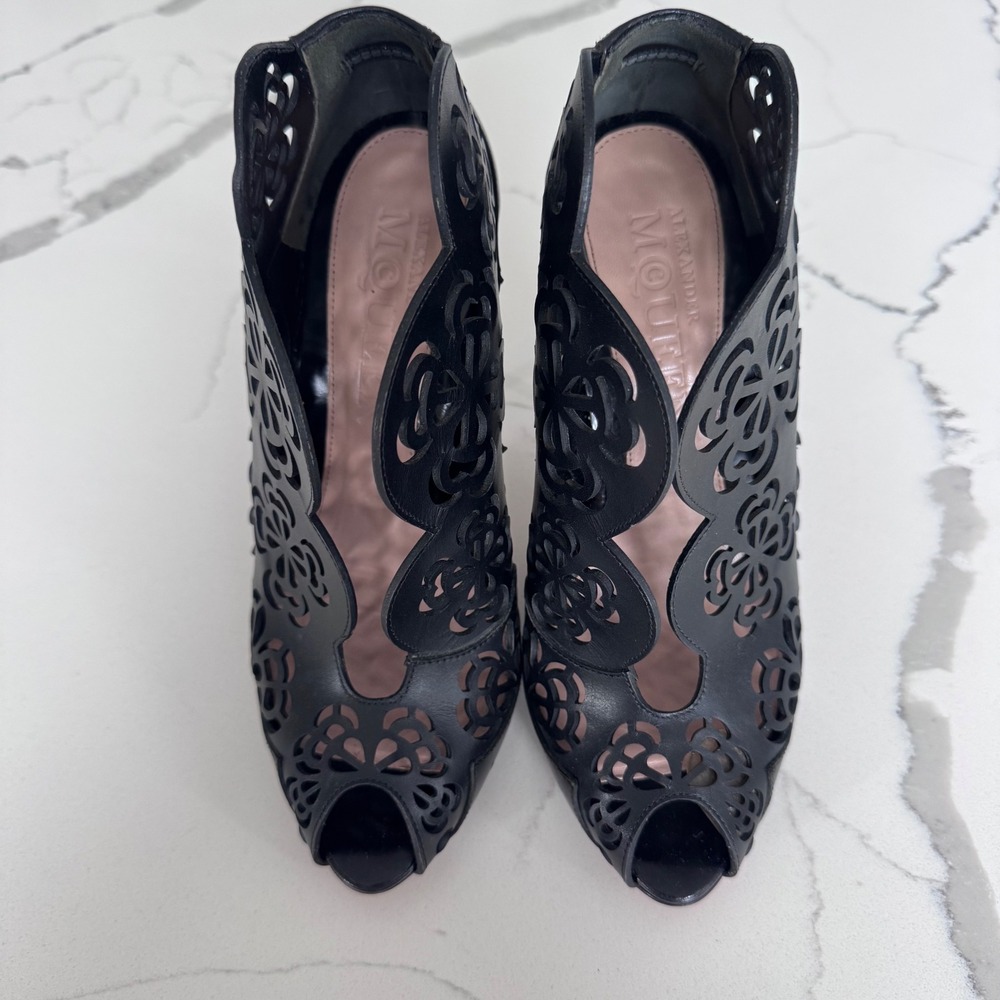 Alexander McQueen Black Laser Cut Floral Peep Toe Stiletto Booties Size 38